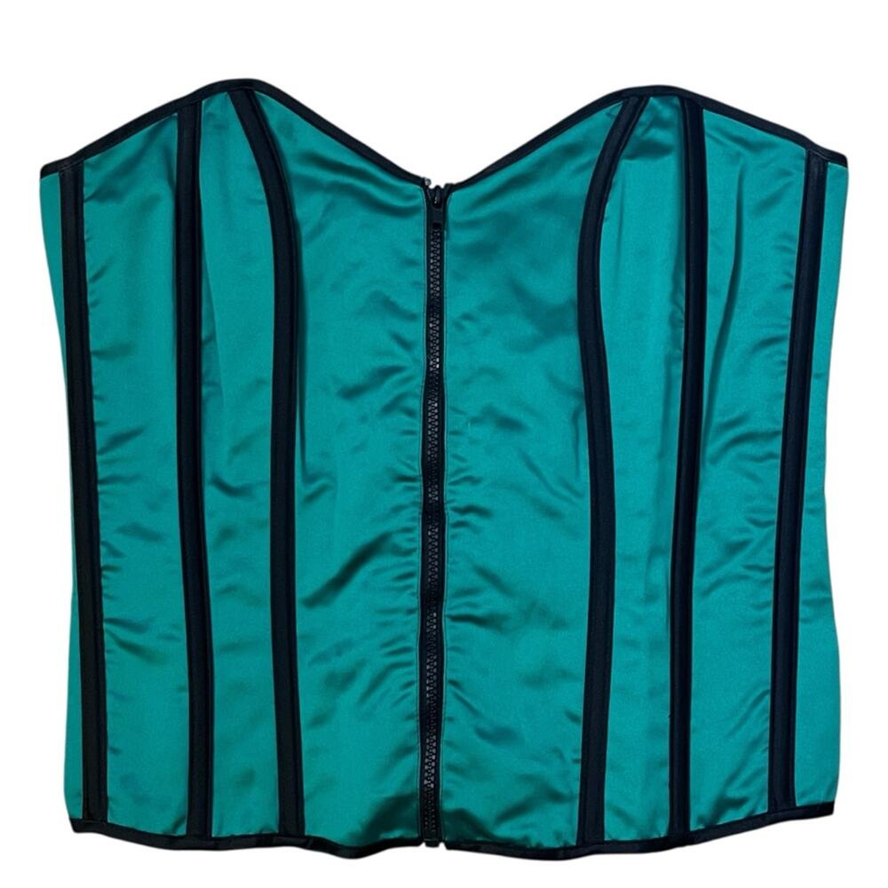 Vintage Intimate Attitudes Plus Green Satin Corset Size 40 Zip & Laceup Holiday